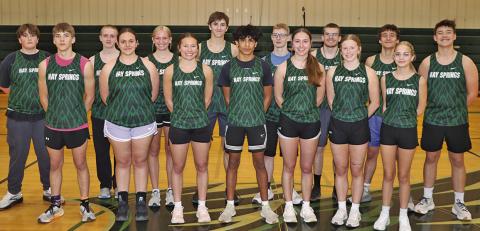 2026 Hay Springs Track and Field team. Front row: (L-R) Grant Wellnitz, Kinley Tausan, Alaina Raymer, Arian Mata, Megan Anderson, Reese Varvel, and Tabby Schiaffo. Back row: (L-R) Luke Edwards, Dutch Weaver, Emily Forney, Riggen Binger, Gage Didier, Mason Albrecht, Parker Wellnitz, and Duke Turman. Not pictured: Easton Mintken, Evan Smith, Bailey Hankins, Emma Albrecht, and Jacob Dorshorst. Photo by Scott Bidroski