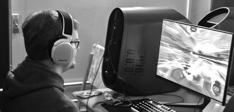 Photo by Daniella Akwanamnye, CSC Esports Rocket League Black team member Trevor Severson of Rapid City, S.D., during the National Association of Collegiate Esports championship game at Chadron State College’s Esports Arena Dec. 7, 2023.