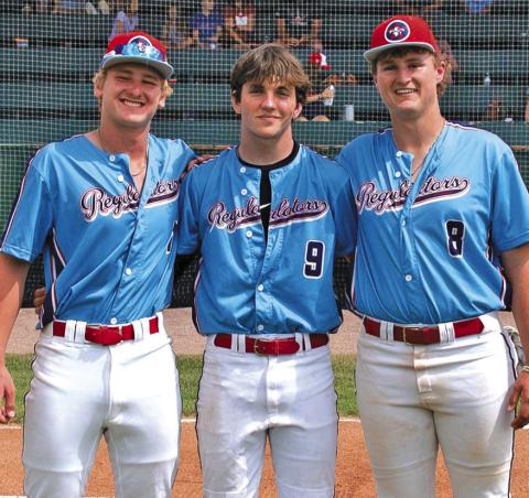 (Photo by Richae Malara) Three seniors, Dylan Young, Bronson Freeseman, Hunter McDonald, were honored prior to the Sunday, July 6 home game against Martin Post 240.