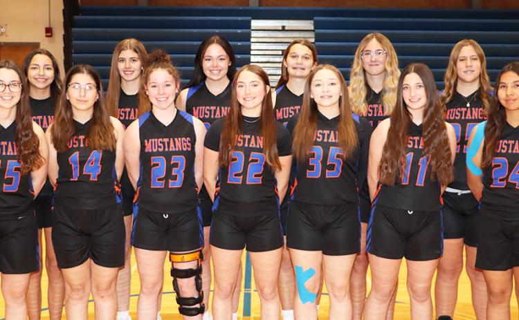 (Photo by Scott Bidroski) The 2025-26 Gordon-Rushville Girls Basketball team. Front row: (L-R) Kenzie Fiscus, Jocelynn Hruby, Timber Fortin, Kylie Goings, Cecilia Deaver, Payton Scott, and Thelma Musflet. Back row: (L-R) Mikaylee Campbell, Rarity Cournoyer, Lindsey Simonson, Rowan Simonson, Ashlyn Dehning, Hadley Banks, Lexi Tausan, and Brittney Dehning.