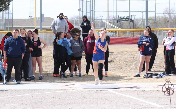 (Photo by Scott Bidroski) Sophomore Mikaylee Campbell releases the shot during the Shot Put.