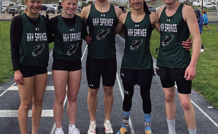 Photo by Jessica Mintken The Class D-9 District Track Meet took place last Wednesday. The Hawks will send 5 athletes to compete at State in Omaha on May 17. Those five are: (L-R) Alaina Raymer, Reese Varvel, Gage Mintken, Parker Wellnitz, and Mason Albrecht.