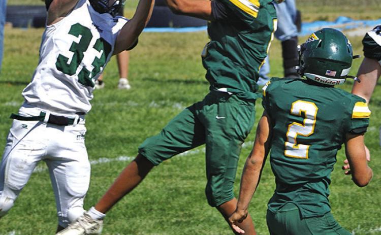 (Photo by Michele Heck) Freshman Arian Mata skies for the interception over the Creek Valley Storm receiver in the Hawks 80-12 win on Friday, September 19.