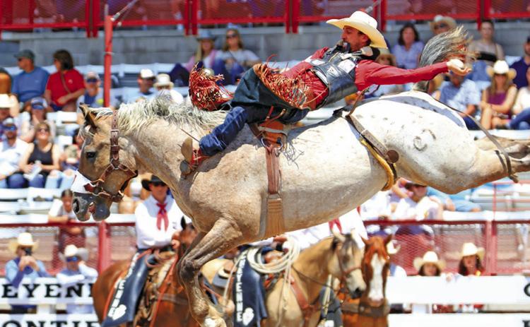 Photo by Jackie Jensen Garrett Shadbolt competes at Cheyenne Frontier Days. He has qualified for his fourth Wrangler National Finals Rodeo, pro rodeo’s world championship.