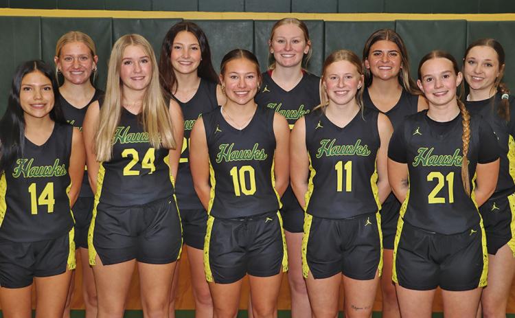 (Photo by Scott Bidroski) The 2025-26 Hay Springs Hawks Girls Basketball Team. Front row: (L-R) Katara Yellow Thunder, Olivia Dahlgren, Alaina Raymer, Reese Varvel, and Tailyn Starke. Back row: (L-R) Emily Forney, Mya Turman, Devyn Young, Julia Russell, and Kya Binger.