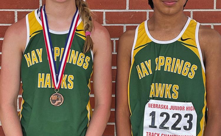 Photo by Jessie Anderson Megan Anderson (left) and Arian Mata (right) represented Hay Springs at the Nebraska Championship Meet this past Saturday in Gothenburg, Neb. Anderson would pick up a medal for a fifth place finish in the Long Jump.