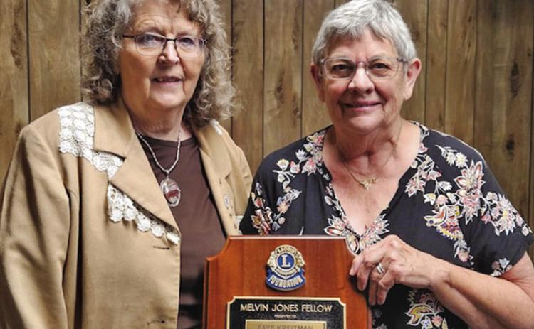 Courtesy Photo Nancy Russell (left) presented the Melvin Jones Fellow Award to Faye Kreitman (right). Kreitman was also installed as the new Lions Club President at the June 10 meeting.