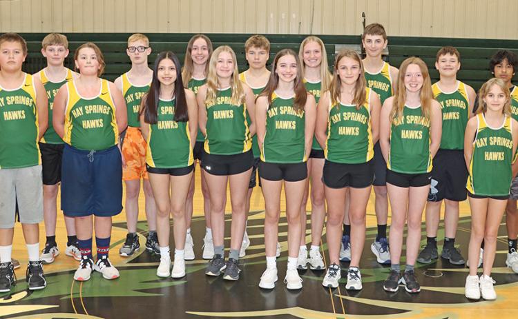 The 2024 Hay Springs Junior High Track &amp; Field team. Front row: (L-R) Deshaun Herman, Luke Edwards, Katara Yellow Thunder, Olivia Dahlgren, Mary Kendig, Grace Huth, Kaytee Kaiser, and Tabitha Twarling. Back row: (L-R) Head Coach Travis Beguin, Jacob Dorshorst, Gage Didier, Megan Anderson, Easton Mintken, Emily Forney, Riggen Binger, Duke Turman, Arian Mata, Assistant Coach Jessie Anderson. Not Pictured: William Gaswick, Preston Kelly, and Grant Wellnitz Photo by Scott Bidroski