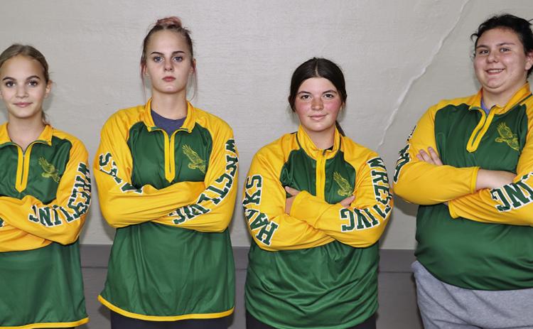 (Photo by Scott Bidroski) The 2025-26 Hay Springs Girls Wrestling team. Pictured: (L-R) Tabby Schiaffo, Andi Schiaffo, Marisa Milliken, and Sawyer Davis. Not pictured: Janessa Dieriex.