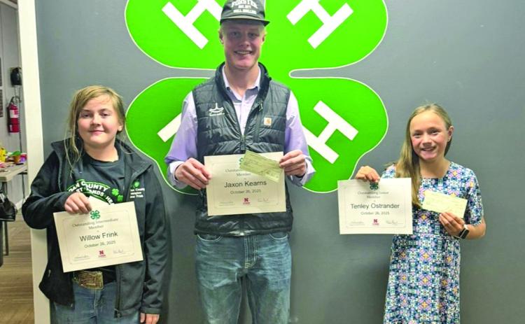 Courtesy Photo Outstanding Members of the Year were chosen at the 4-H Achievement Banquet. Willow Frink, Jaxon Kearns, and Tenley Ostrander were recognized in their respective age groups for their hard work.