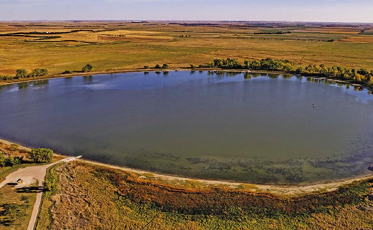 Photo by Justin Haag, Nebraska Game &amp; Parks Pictured is an aerial view of Walgren Lake, which sits between Rushville and Hay Springs. Walgren has some great angling opportunities for Sheridan County residents.