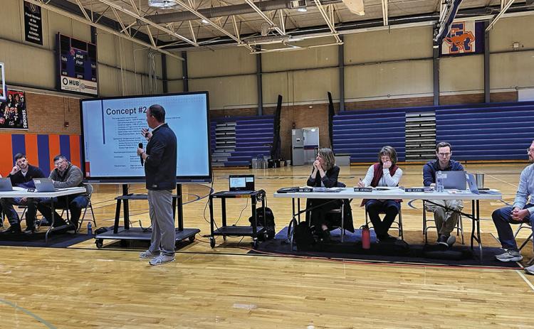 (Photo by Scott Bidroski) JEO Consulting’s Jack Baker goes over some possible facility upgrade concepts during a public meeting held on Thursday, October 30. The Gordon-Rushville School Board members, along with GRPS Superintendent Nathan Livingston, were also present to answer any questions and to also receive feedback from citizens in attendance.