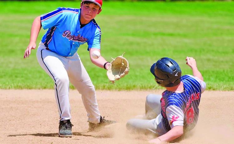 Photo by Richae Malara Seventh grader Keagan Sommers takes the throw down from his catcher during a contest against Kimball on Saturday, June 28.