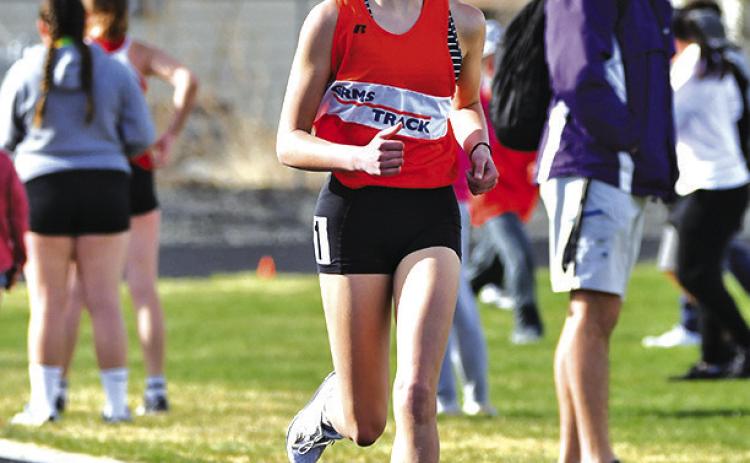 Photo by Melissa Grover Seventh grader Brittney Dehning set the Middle School record in the 1600 meter race with a time of 6:27.02 during the Western Trails Conference Invitational. Dehning’s time was also a meet record for the age group.