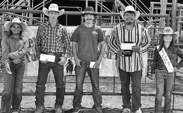 Photo by Courtney Ostrander The Ranch Bronc Riders. Pictured: (L-R) Miss Sheridan County Princess Kamille Kruger, tie for second and third, Cinch Hebb and Joe Burkholder, first place Ryan Brushbreaker, and Miss Cherry County Sweetheart Ava Rahn.