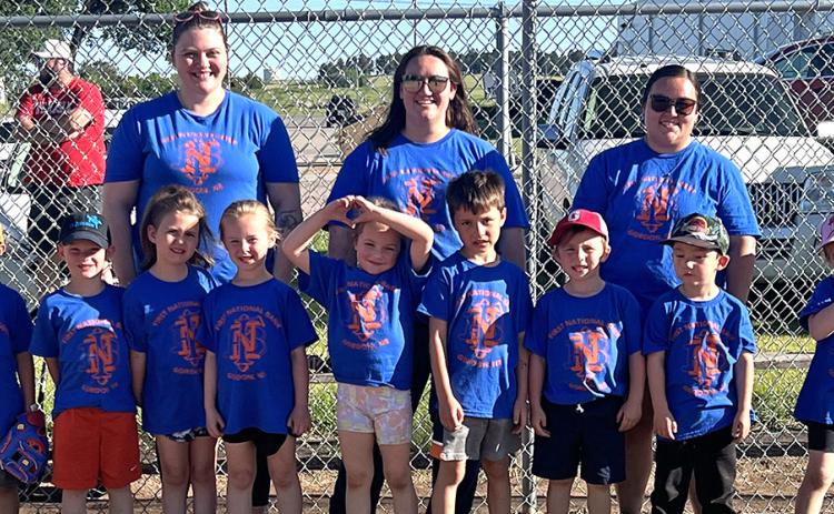 First National Bank Gordon T-Ball Team. Front row: (L-R) Patrick Montenez-Rodriguez, Connor Peters, Presley Wolkins, Lil Takubov, Milo Wolkins, Dean Child, Gage Puncochar. Back row: (L-R) Coaches Angela Clark, Shelby Reynolds, and Courtney Puncochar. Courtesy Photo
